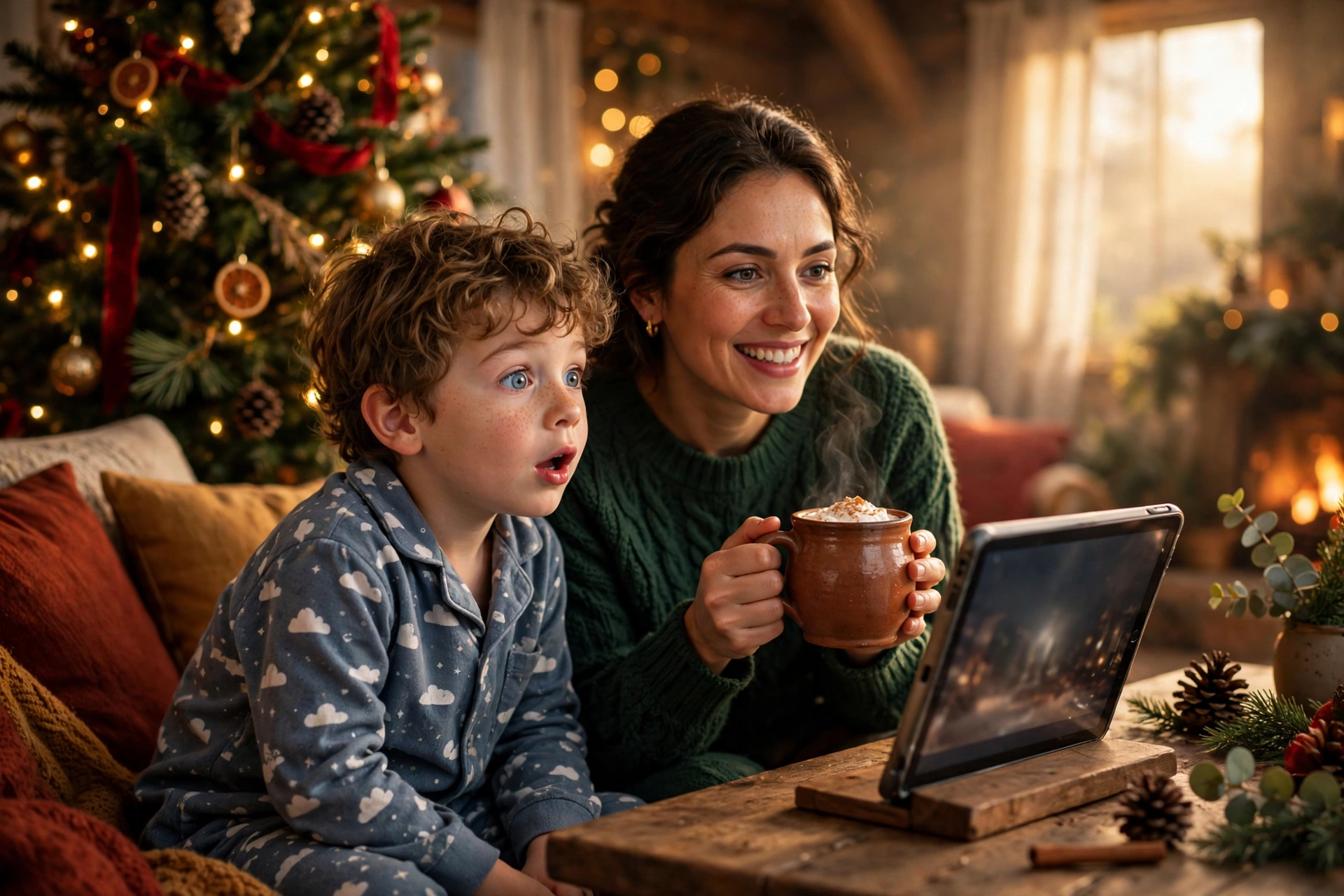 A young boy in pajamas, wide-eyed with wonder, watching his personal Santa video on a tablet beside his smiling mom and the Christmas tree