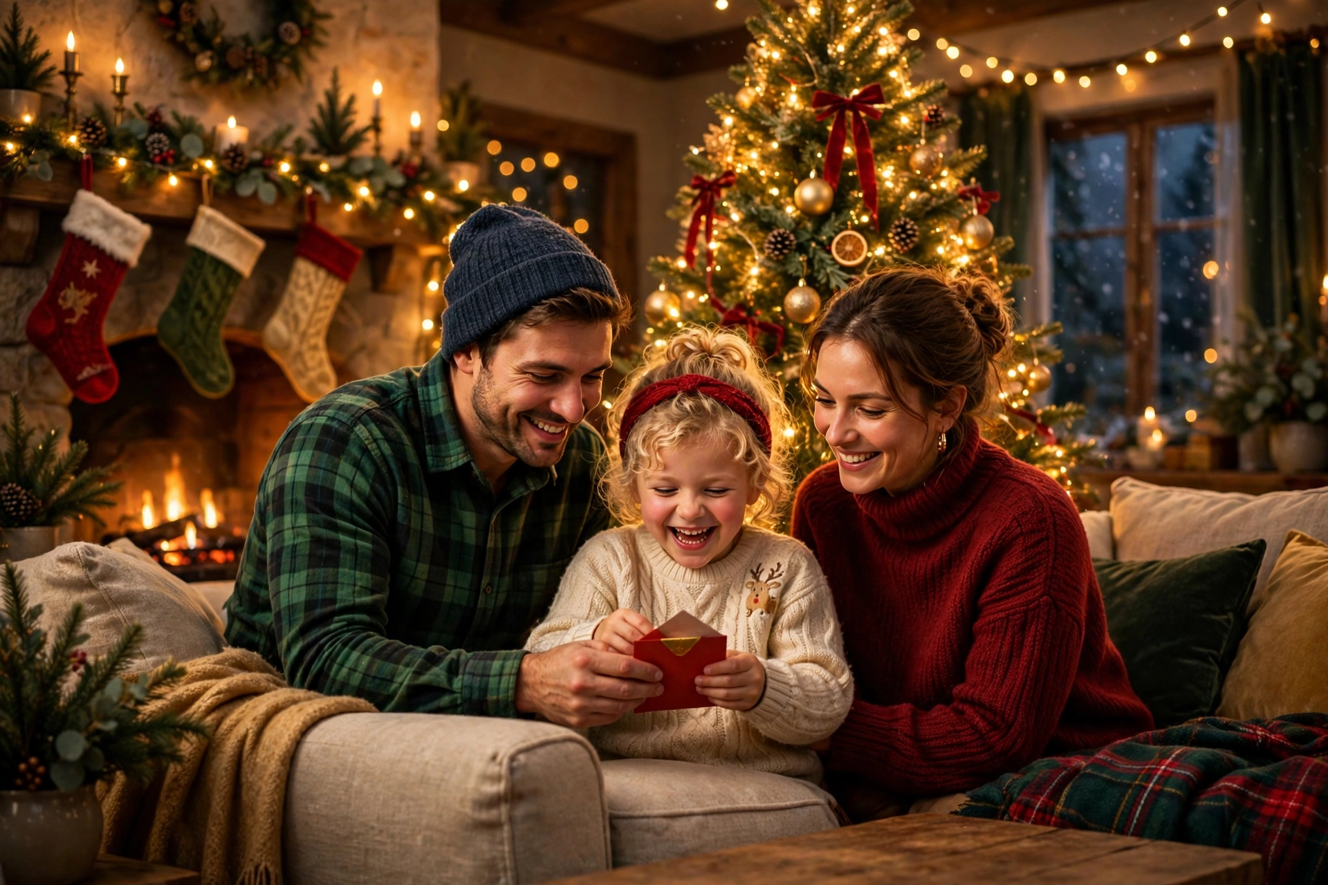 A family laughing together by the Christmas tree as their daughter opens a red letter from Santa