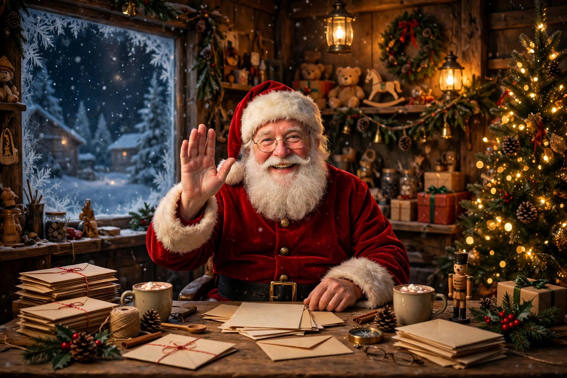 Santa Claus waving warmly from his North Pole workshop, surrounded by children's letters and a glowing Christmas tree