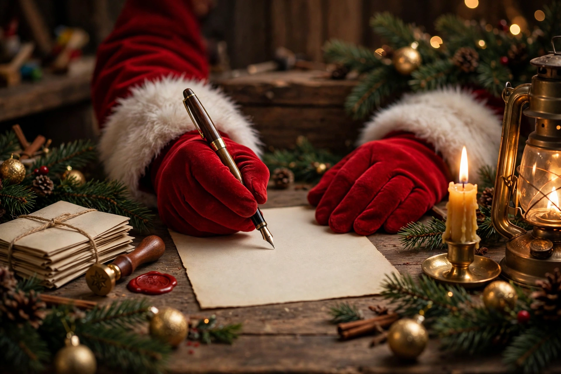 Santa writing a letter by lantern light at his wooden desk in the workshop