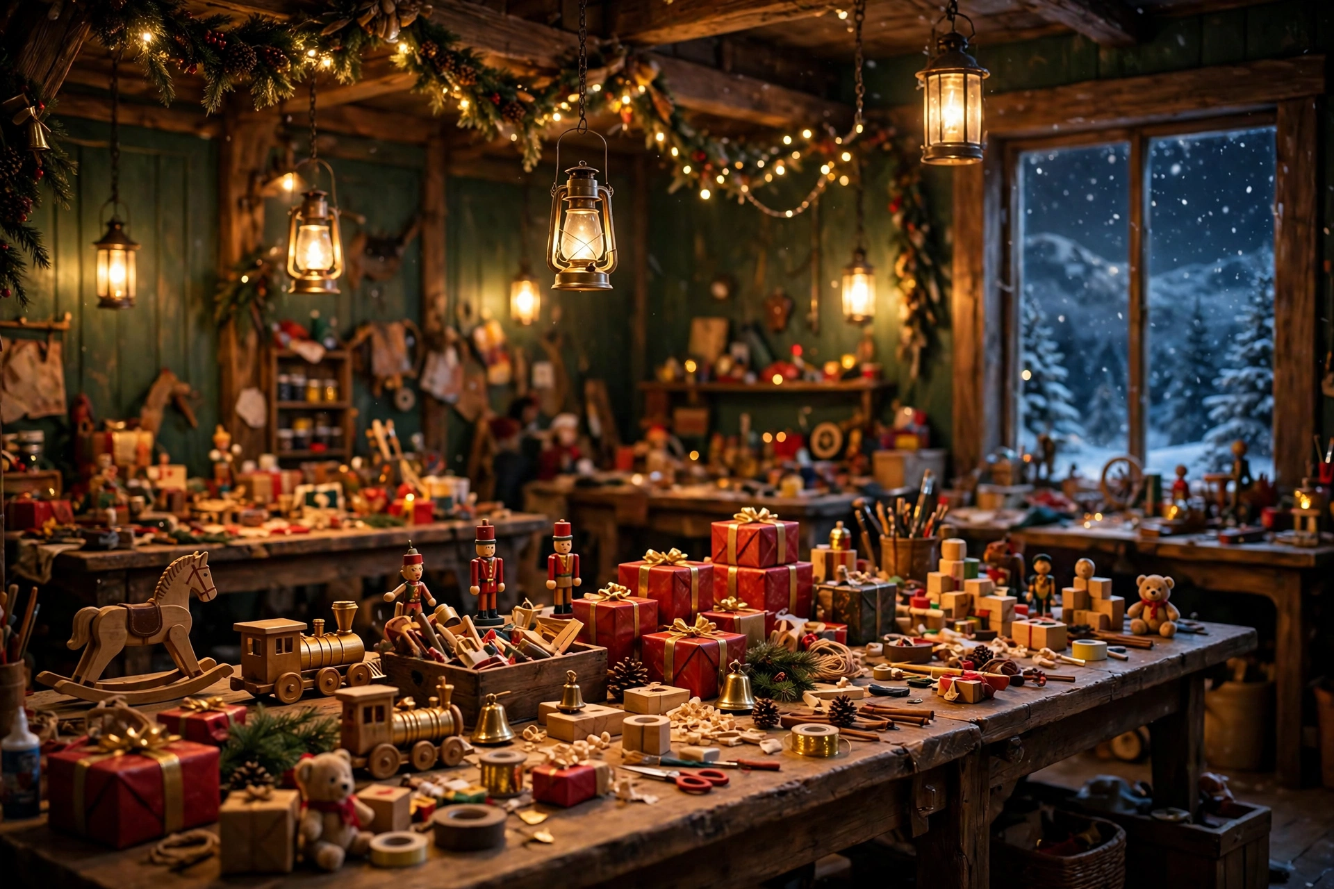 Santa's North Pole workshop with toy benches, wrapped gifts, lanterns and garlands under a snowy night window